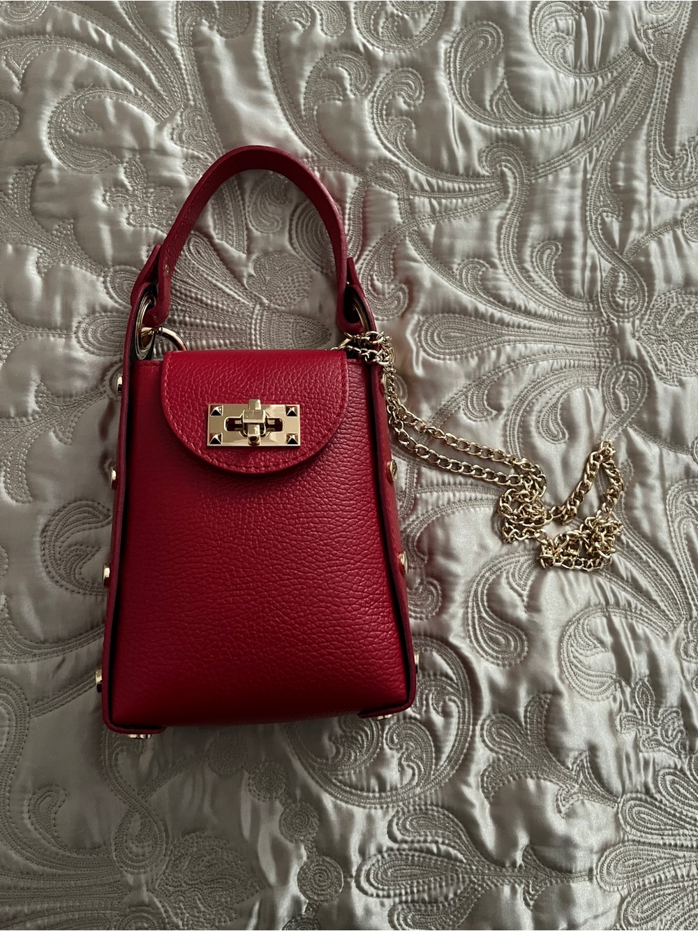 Anna Paola Red Leather Mini Top-Handle Crossbody Bag with Gold Hardware